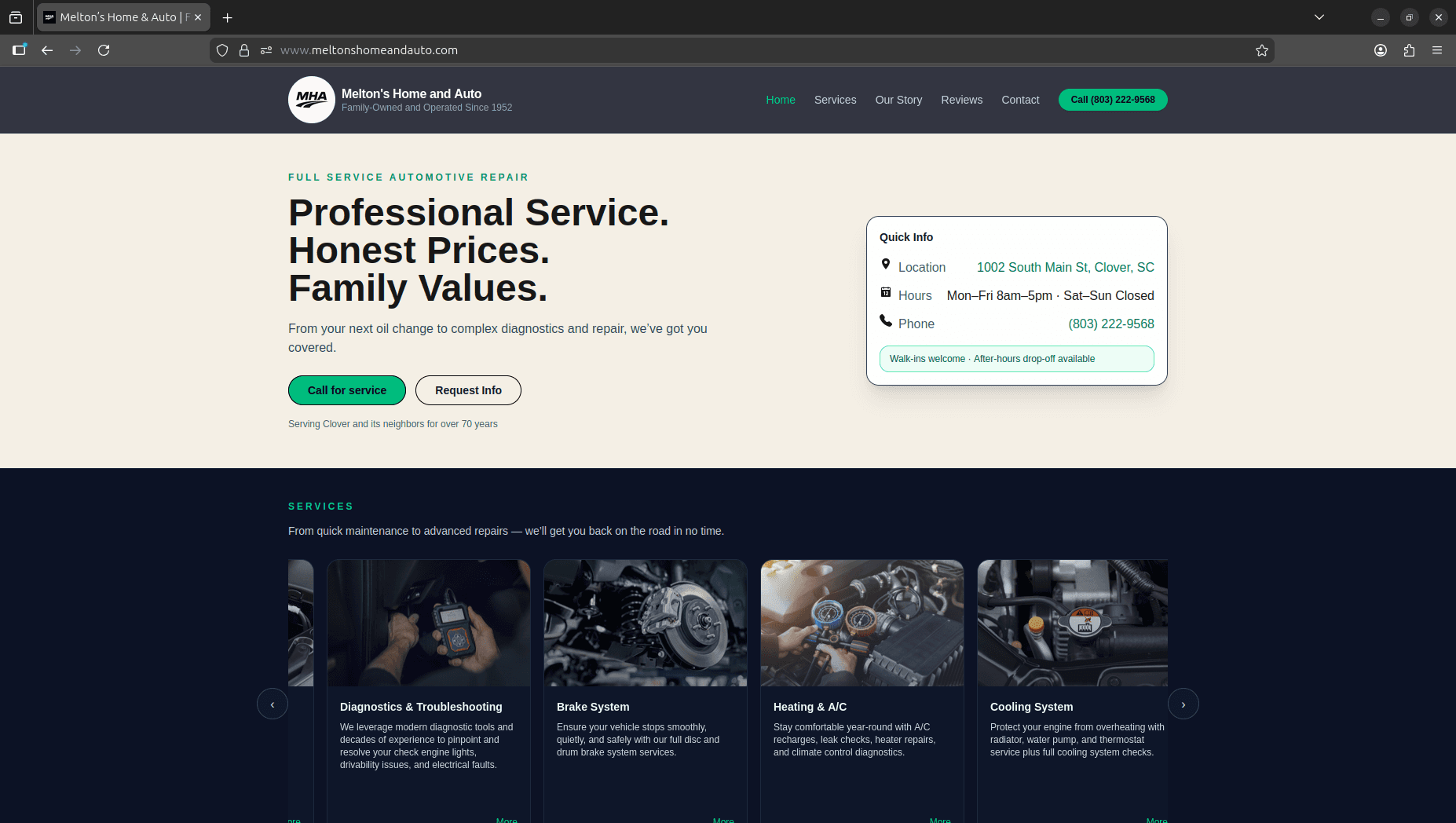 Homepage view for Melton's Home & Auto