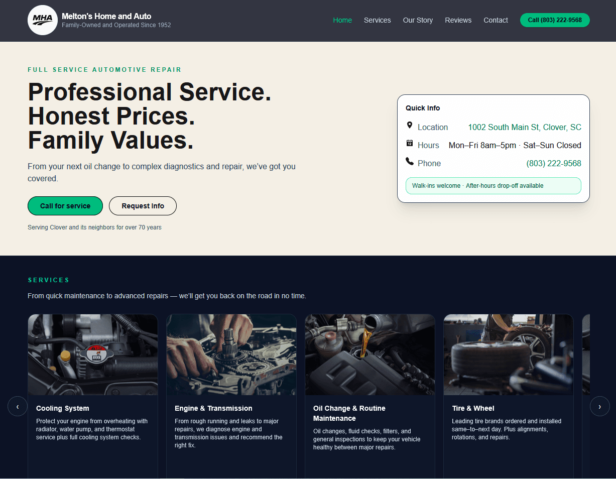 Screenshot of Melton's Home and Auto website